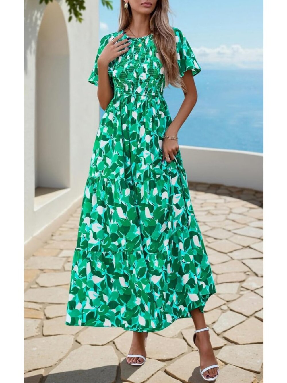 Women's Green Flutter Short Sleeve Boho Floral Maxi Crew Neck Tiered Long Dress - Picture 4 of 5